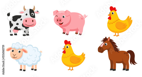 Cartoon farm animals including a cow, pig, chickens, sheep, and horse illustration