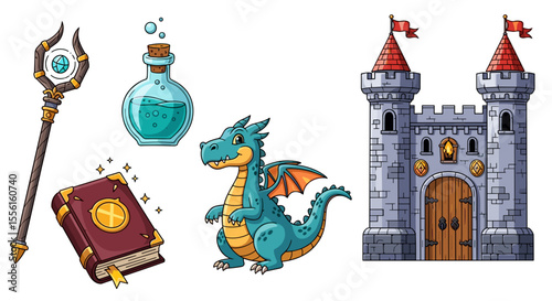 Illustration of a cartoon dragon, castle, magic potion, book, and wizard staff item set
