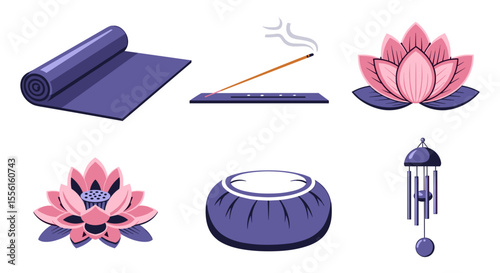 Illustration of yoga mat incense burner lotus flowers and wind chimes on white background