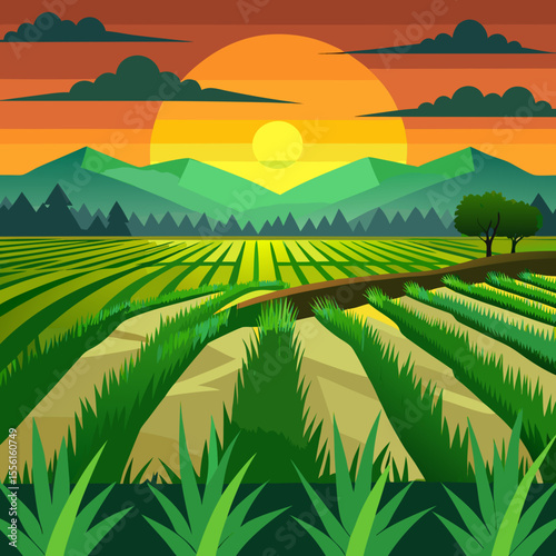 Scenic Farm Landscape Illustration with Fields Mountains and Sunset showcasing a stylized countryside with vibrant colors and a peaceful atmosphere perfect for backgrounds or creative