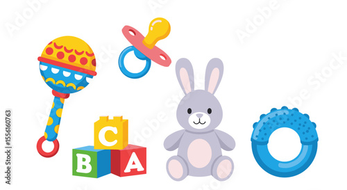 Illustration of a baby rattle pacifier alphabet blocks bunny and teether toys set up
