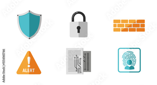 Illustration showing security elements including shield, lock, firewall and alert sign