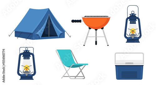 Illustration of camping equipment including a tent, grill, lanterns, chair, and cooler
