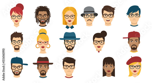 Collection of diverse cartoon character faces wearing glasses and various hairstyles