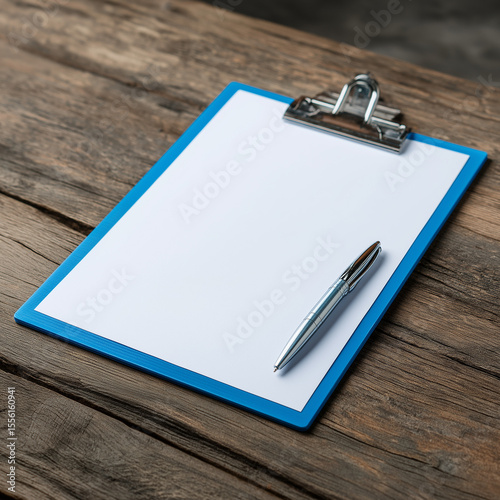 Blank Invoice Paper on Blue Clipboard with Pen on Wooden Table – Minimalist Mockup
