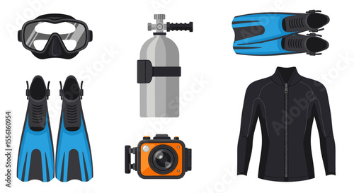 Illustration of scuba diving gear including mask, tank, fins, camera, and wetsuit
