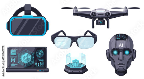 Illustration showcasing various technological devices including vr headset and ai robot head