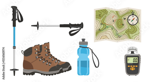 Illustration of hiking equipment including boots, map, water bottle, and trekking poles.