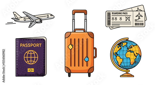 Illustration of travel essentials including a plane, luggage, and passport icon set