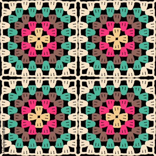 Seamless pattern with crochet granny square wallpaper handmade decorative art design print	
