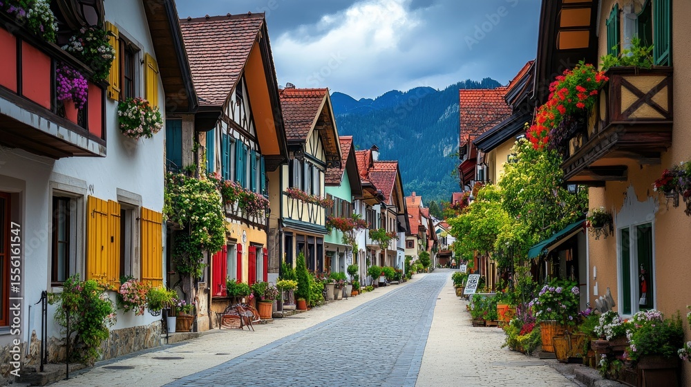 Fototapeta premium A narrow Bavarian village street, quaint homes with colorful shutters, leading towards the majestic Bavarian Alps