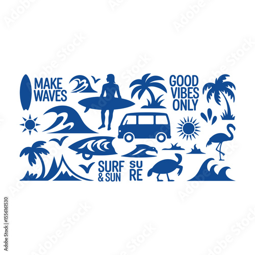 Blue summer surfing good vibes collection with beach elements and positive sayings