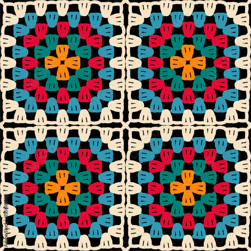Seamless pattern with crochet granny square wallpaper handmade decorative art design print	
