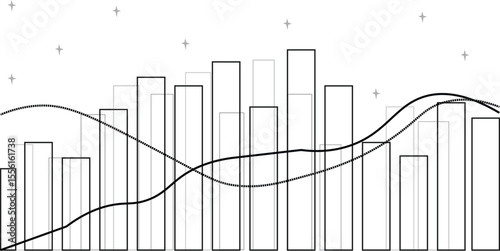 Vector abstract chart with overlapping bar graphs, smooth line graphs, and stars on white background—creative data visualization for finance or analytics