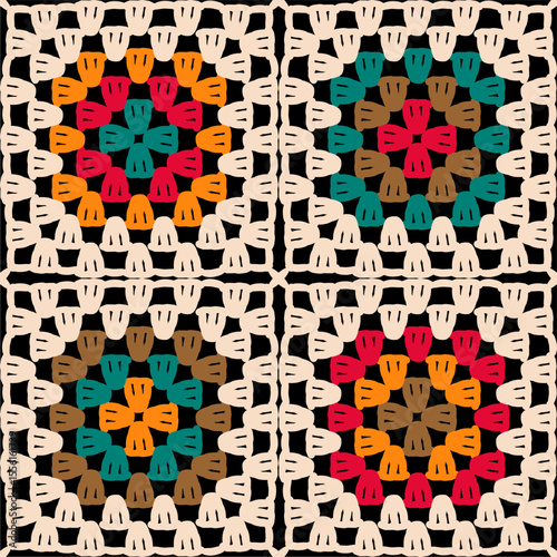 Pattern with crochet granny square wallpaper handmade decorative art design print