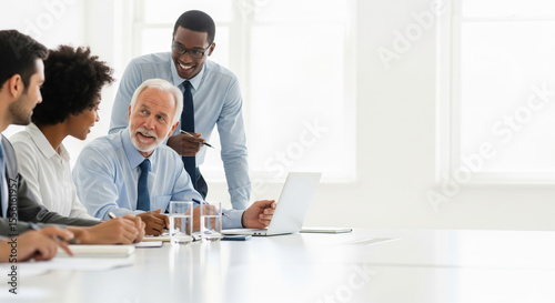 A Diverse Mixed-Race Business Team of Black and White professionals collaborates in a modern office Meeting. A manager mentors younger colleagues on a laptop, on teamwork, and on success. copy space.