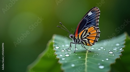 A macro photograph of a single, brightly colored butterfly perched on a dew-covered leaf