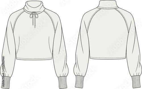 Long sleeve crop sweatshirt, front and back flat sketch, turtleneck with drawstring, ribbed cuff, fashion design template illustration

 flat vector illustration