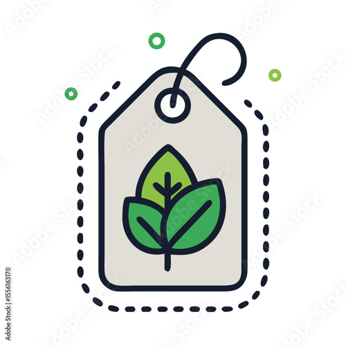 Sustainable product tag illustration with green leaf symbol representing eco-friendliness and nature
