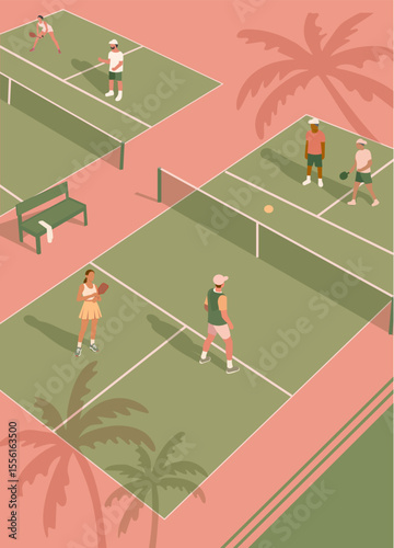 Illustration of people playing pickleball on green courts with pink surroundings and palm tree shadows in tropical setting