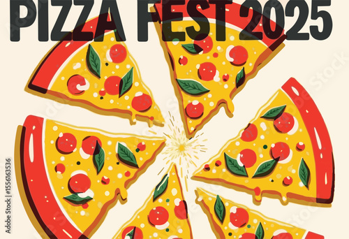 Vector illustration of a delicious Italian pizza slice with cheese, pepperoni, mushrooms, and vegetables. Perfect for pizzeria menus, food posters, lunch and dinner promotions, and authentic Italian c