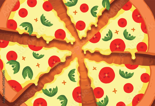 Vector illustration of a delicious Italian pizza slice with cheese, pepperoni, mushrooms, and vegetables. Perfect for pizzeria menus, food posters, lunch and dinner promotions, and authentic Italian c