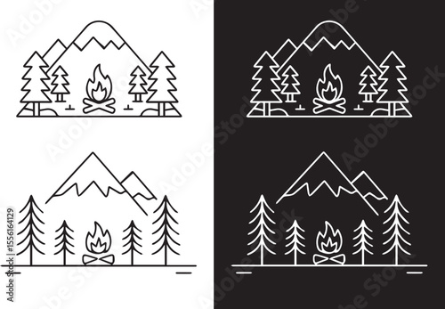 Adventure Line Art Badge – Campfire and Mountain Outdoor Illustration for Hiking and Camping
