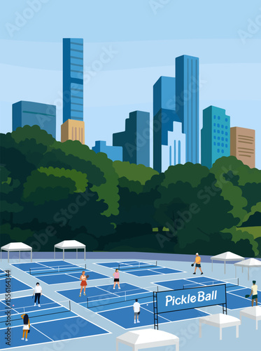 Illustration of people playing pickleball on multiple blue courts in an urban park with skyscrapers in the background