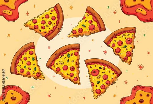 Vector illustration of a delicious Italian pizza slice with cheese, pepperoni, mushrooms, and vegetables. Perfect for pizzeria menus, food posters, lunch and dinner promotions, and authentic Italian c