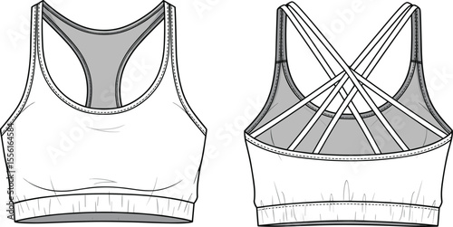 Women's sports bra front and back view, criss cross straps, fitness top technical sketch, activewear garment flat drawing template

 flat vector illustration