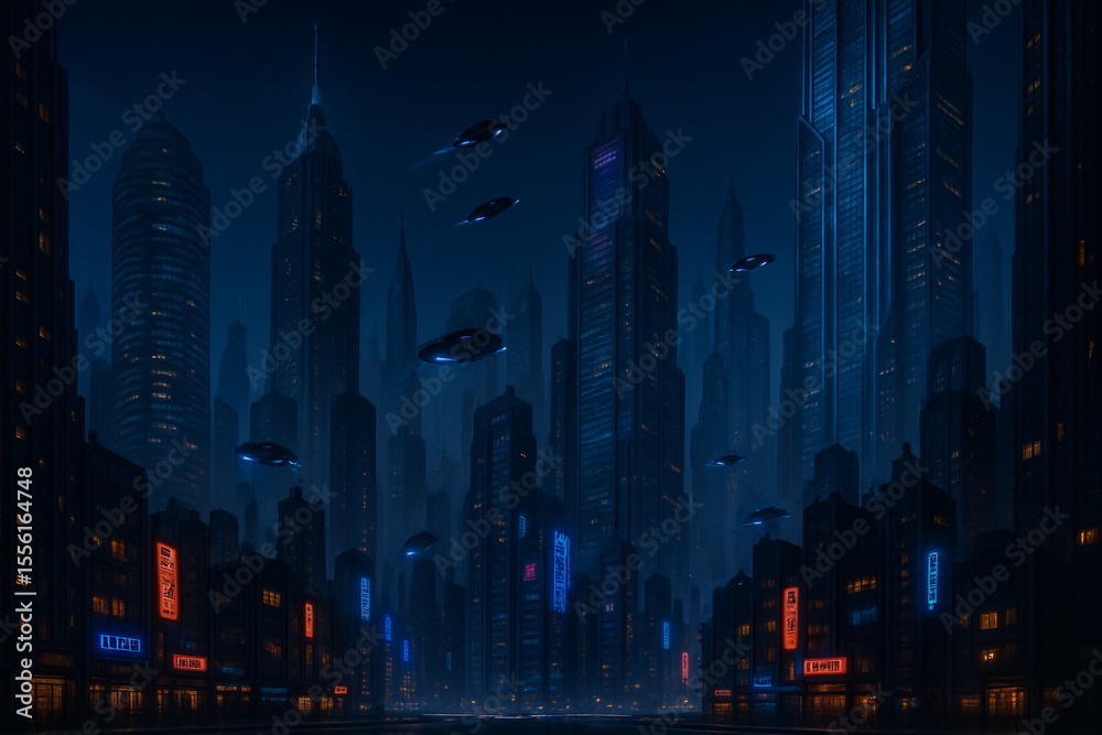 Obraz premium Futuristic Sci-Fi City at Night with Flying Vehicles and Modern Skyscrapers