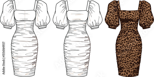 Leopard print ruched dress with puff sleeves, bodycon silhouette, fashion flat sketch, trendy women’s wear design, clothing template illustration

 flat vector illustration