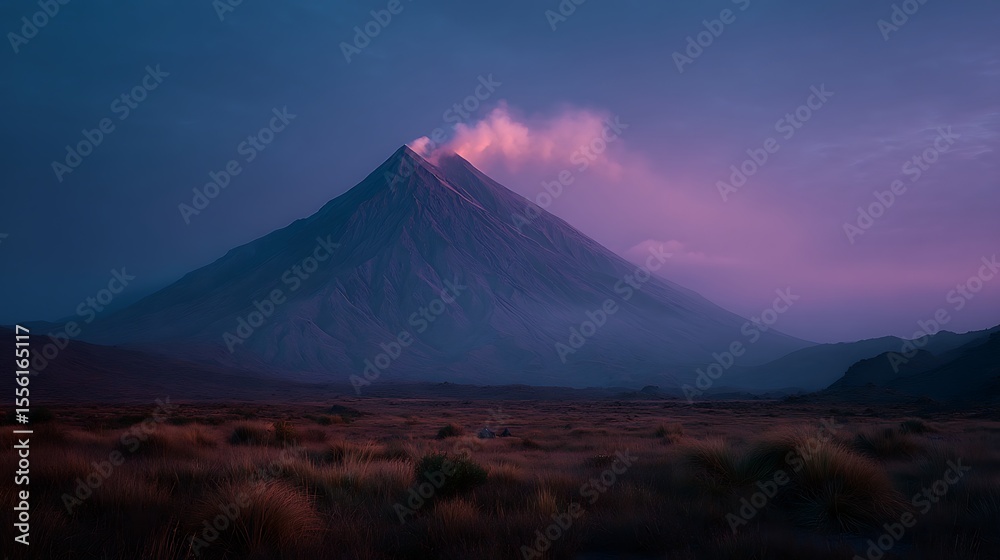 Smoky volcano sunset scene Smoky volcano sunset scene