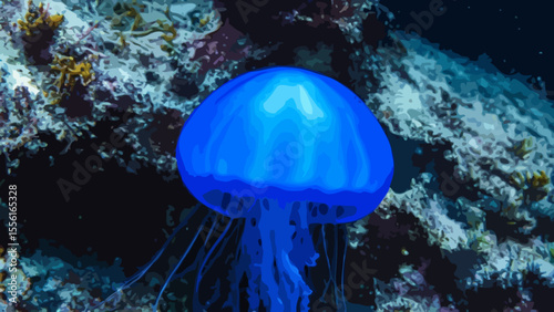Blue jellyfish in the coral reef