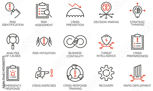 Vector set of linear icons related to Crisis Management, Risk Identification, Assessment, Emergency Response, Business Continuity, Recovery for Infographics, Websites and Strategic Decision-making