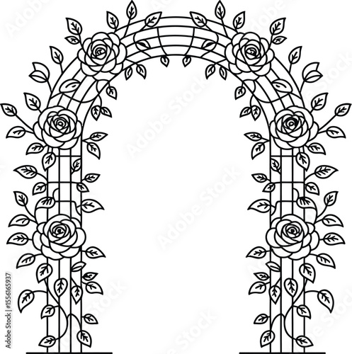 Elegant floral archway with roses black and white line art illustration
