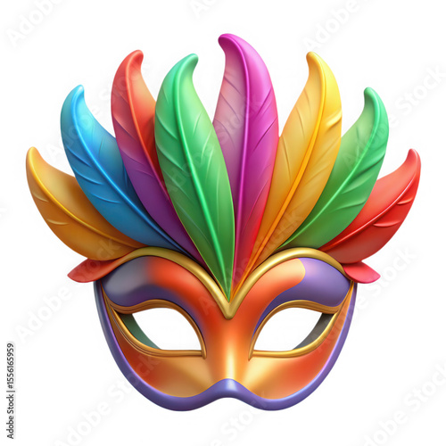 Colorful carnival mask with feathers isolated on transparent background