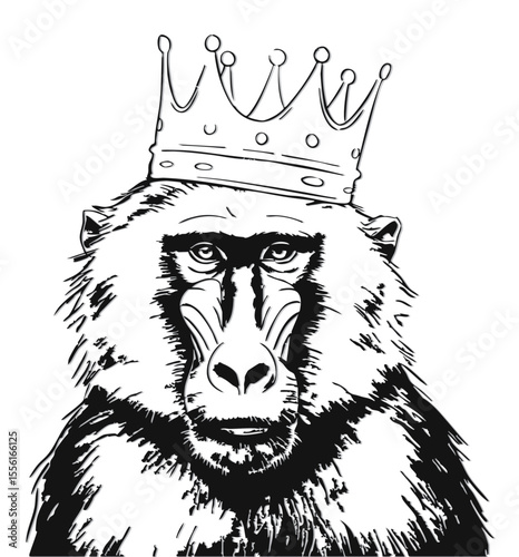 Baboon king wearing a royal crown, black and white monkey portrait, hand drawn ink sketch style illustration