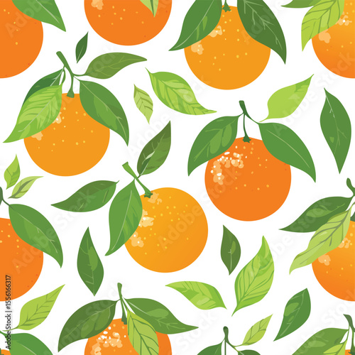 Seamless pattern of ripe oranges with green leaves on white background citrus fruit
