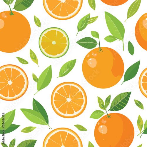 Seamless pattern of whole and sliced oranges with green leaves citrus fruit