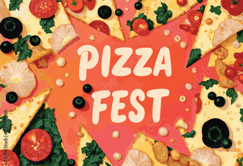 Vector illustration of a delicious Italian pizza slice with cheese, pepperoni, mushrooms, and vegetables. Perfect for pizzeria menus, food posters, lunch and dinner promotions, and authentic Italian c