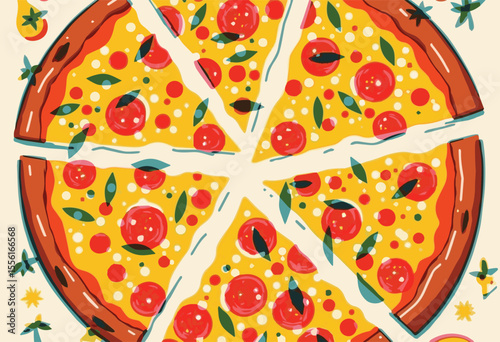 Vector illustration of a delicious Italian pizza slice with cheese, pepperoni, mushrooms, and vegetables. Perfect for pizzeria menus, food posters, lunch and dinner promotions, and authentic Italian c