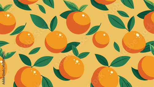 Seamless pattern of stylized oranges with green leaves on a yellow background fruit