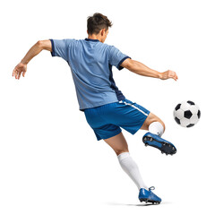 Behind view of a pro football player about to kick a ball midair on isolated background