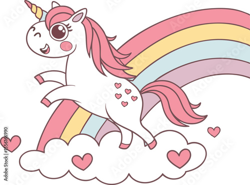 Cute unicorn jumping on cloud with hearts and rainbow in pastel colors