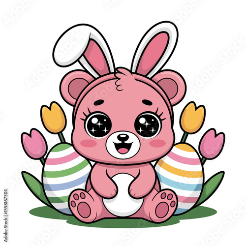 A cute pink bear with bunny ears sits happily surrounded by striped Easter eggs and colorful tulips