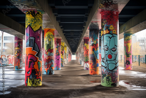 Concrete pillars covered in graffiti under buildings in the city.
