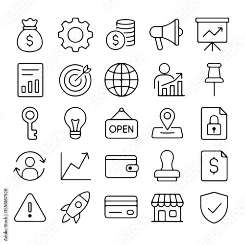 A collection of business and marketing icons for concepts. Designed with crisp lines, modern look and versatile applications.