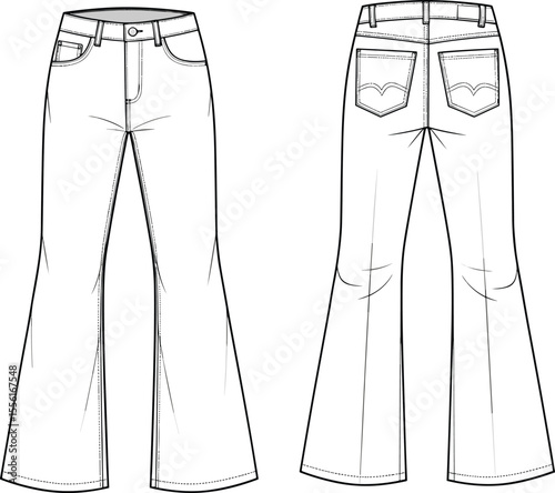 Bootcut jeans technical flat sketch, fashion cad illustration, front and back view, denim pants design, apparel vector template drawing