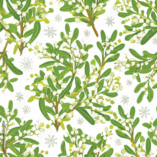 Seamless pattern of mistletoe branches with white berries and snowflakes christmas